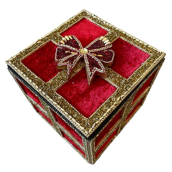 Red Velvet Gold Sequin Christmas Present Gift Box w/ Bow & Lid 7in Holiday Decor - Picture 1 of 15